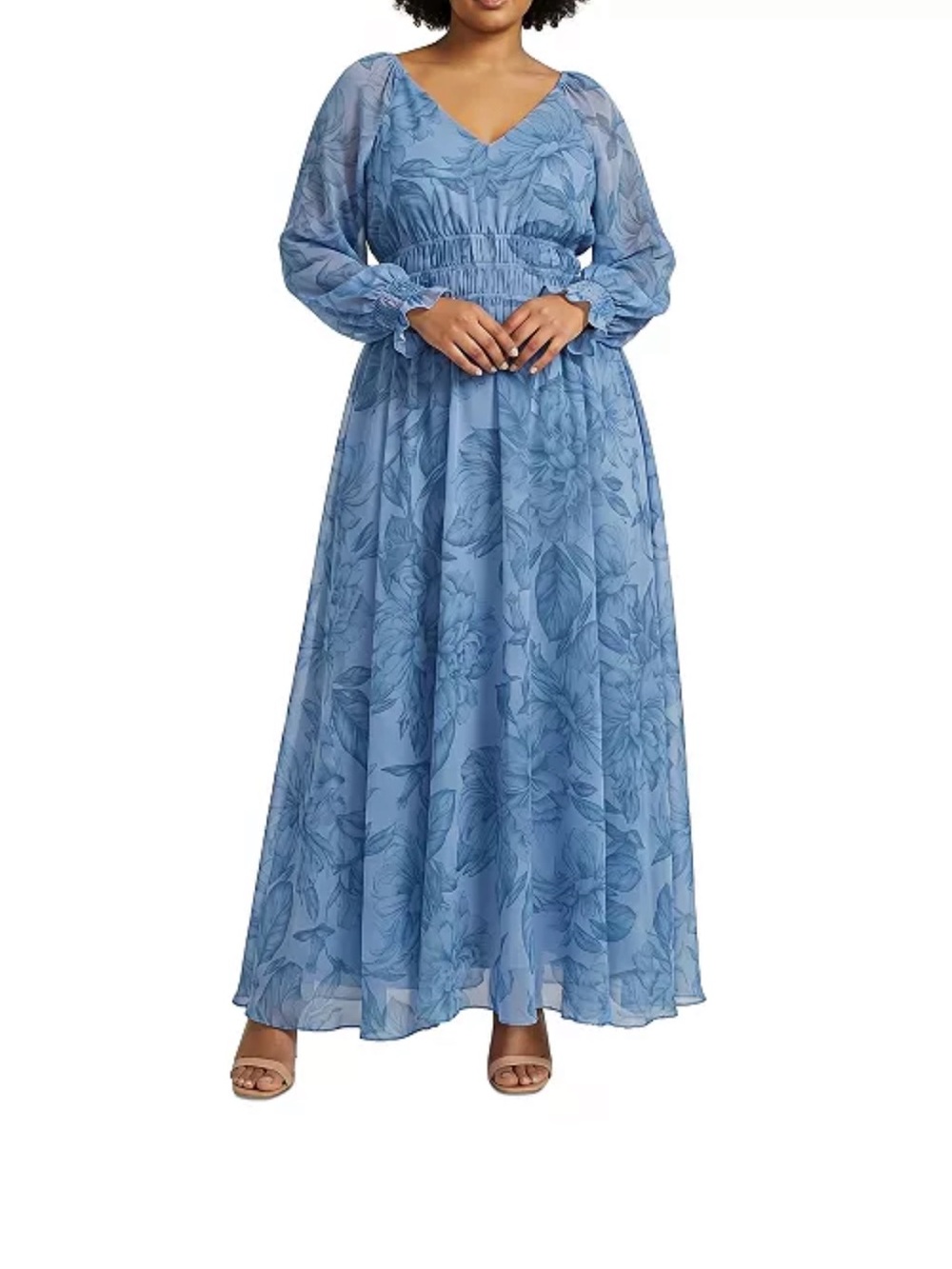 Taylor Blue Floral V-Neck Long Sleeve Maxi Dress